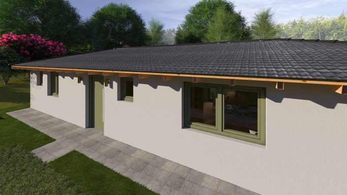Ein modernes, einstöckiges Haus mit grünen Fensterrahmen und gepflastertem Gehweg.