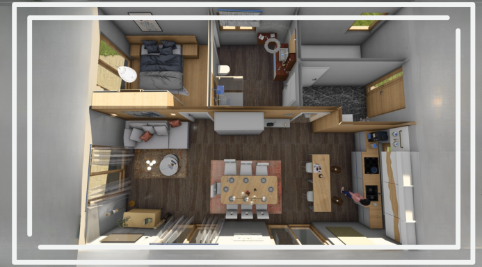 Bodenplan einer Wohnung mit Küche, Essbereich und Wohnzimmer in modernem Design.