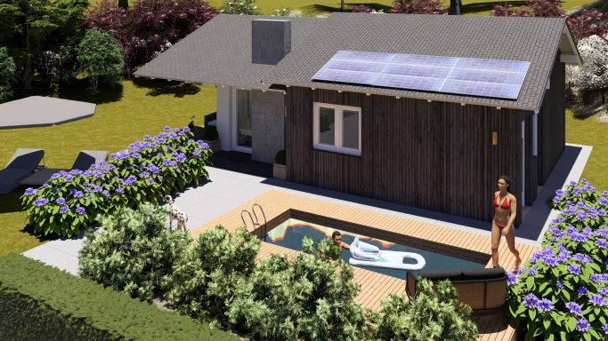 Moderne Gartenlandschaft mit einem Pool und einem Holzhaus, umgeben von Blumen und Liegen.