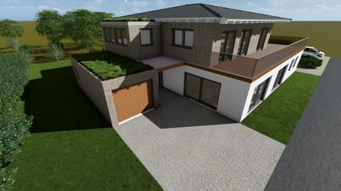 Modernes Haus mit Garage, begrüntem Dach und umliegendem Garten.