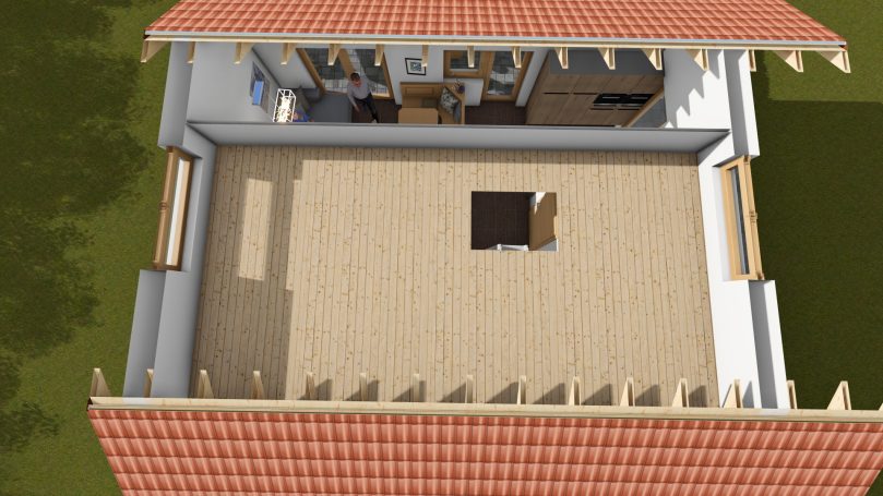 Innenansicht eines Hauses mit Holzboden und großen Fenstern in einem modernen Stil.