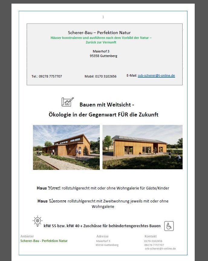 Titelseite der Broschüre über ökologisches Bauen mit barrierefreien KfW-40-Häusern in Holzbauweise – Hausmodelle Maresi und Eleonore von HT