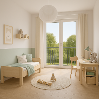 Modern gestaltetes Kinderzimmer im Einfamilienhaus mit Erker – helle Farben, kindgerechtes Mobiliar und gemütliche Atmosphäre 