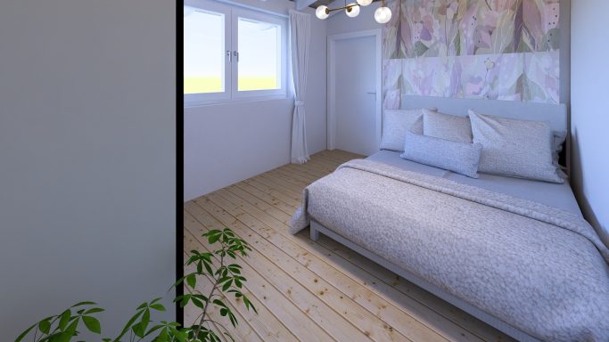 Schlafzimmer mit einem Bett, Pflanzen und Fenstern, die Tageslicht hereinlassen.