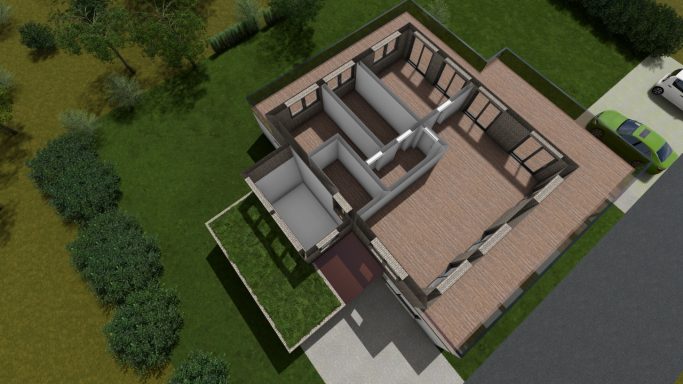 Draufsicht auf ein modernes Einfamilienhaus mit Terrasse und Garten.
