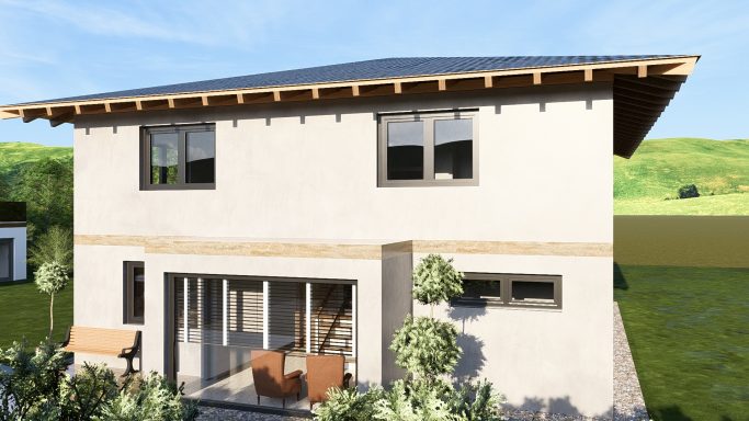 Modernes zweigeschossiges Haus mit Holzverkleidung und großzügigen Fenstern in ländlicher Umgebung.