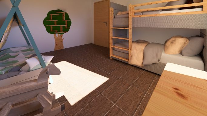 Schlafraum mit Etagenbetten, Holzdetails und einem Baum-Motiv an der Wand.