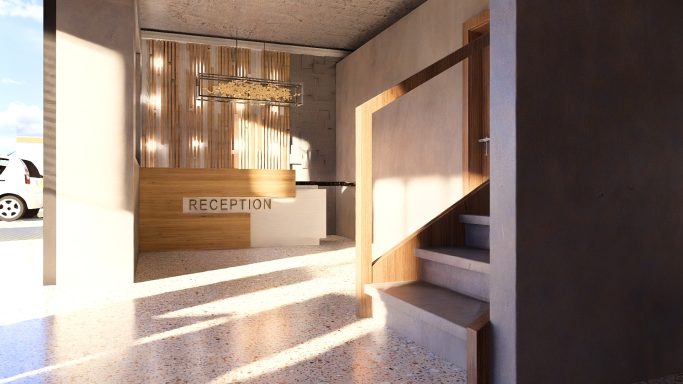 Moderner Eingangsbereich mit Holzdetails und natürlichem Licht.