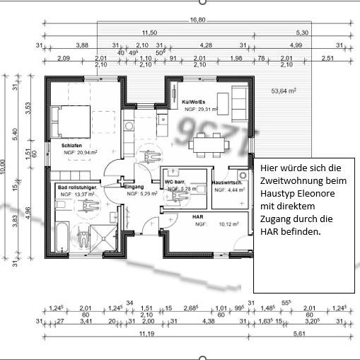 Grundriss eines Hauses mit Zimmern, Küche und Badezimmer, Maßstab und Beschriftungen angegeben.