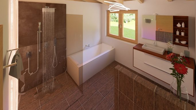 Modernes Badezimmer mit Dusche, Badewanne, Waschbecken und Fenster zur Aussicht.