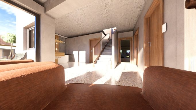 Heller Innenraum mit modernem Design, Holz- und Fensterdetails, sowie einem Sofa.
