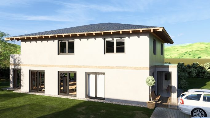 Zweistöckiges modernes Haus mit Garten und Terrasse, umgeben von Grünflächen.