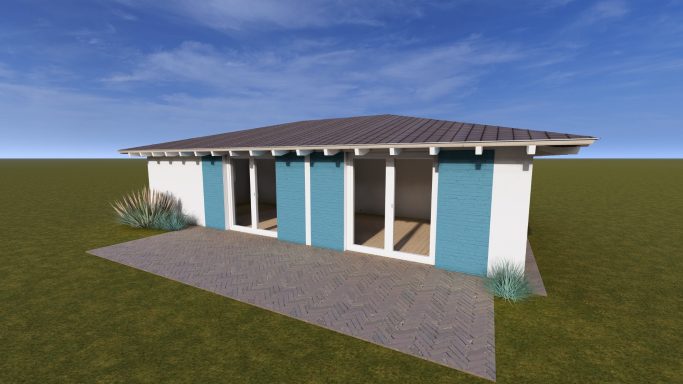 Modernes Einfamilienhaus mit blauen Akzenten und großen Fenstern in einer grünen Landschaft.