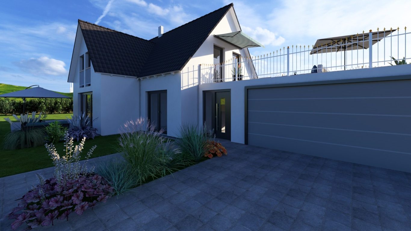 Einfamilienhaus „Elen“ in ländlicher Umgebung mit überdachter Terrasse und großer Fensterfront – Gartenseite in der Abendsonne