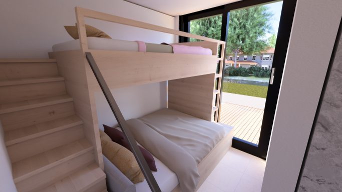 Ein modernes, helles Schlafzimmer mit Etagenbett und Fensterblick ins Freie.