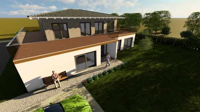 Modernes Haus mit Garten, Sitzgelegenheit und Aussicht auf eine grüne Umgebung.