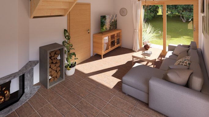 Heller Wohnraum mit Sofa, Holzofen und Blick auf den Garten durch große Fenster.