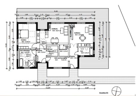 Grundriss des Bungalows Eleonore mit barrierefreier Erdgeschossplanung, zwei Wohneinheiten, separatem Eingang und offener Raumaufteilung – e