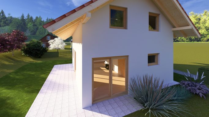 Helles, modernes Haus mit Terrasse in einer grünen Umgebung.