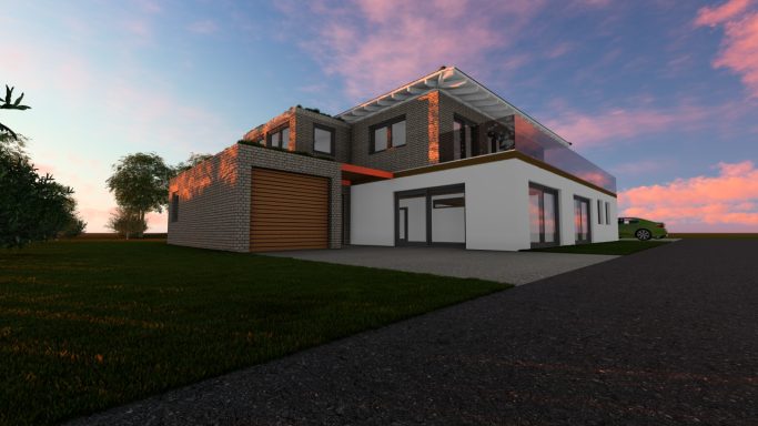 Moderne zweigeschossige Wohnhaus mit Holz- und Putzfassade in sanfter Abenddämmerung.