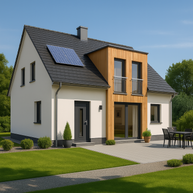 Modernes Einfamilienhaus mit Satteldach, Holz-Erker und weißem Außenputz, ausgestattet mit Solarpanelen und großzügiger Terrasse 
