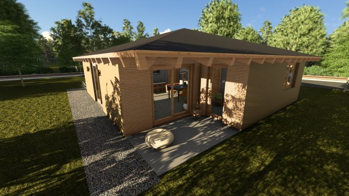 Modernes Einfamilienhaus mit Holzverkleidung und großer Terrasse, umgeben von Bäumen.