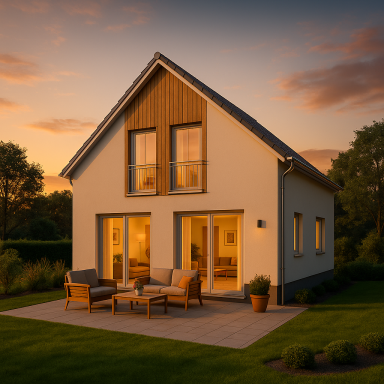 Moderne Rückansicht eines Satteldach-Bungalows bei Sonnenuntergang, mit weißem Außenputz, großflächigen Fenstern und Holzerker
