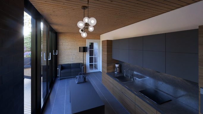 Moderne Küche mit großen Fenstern, Holzdecke und stilvollen Beleuchtungskörpern.