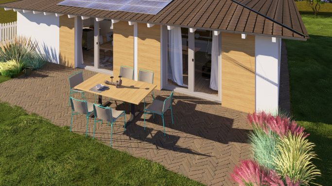 Moderne Unterkunft mit Terrasse, Essbereich und angrenzendem Garten.