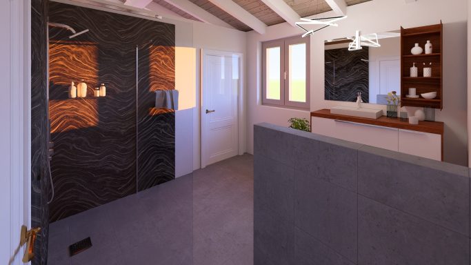 Moderne Innenansicht eines Raumes mit Holz- und Steinakzenten, Fenster und Möbeln.