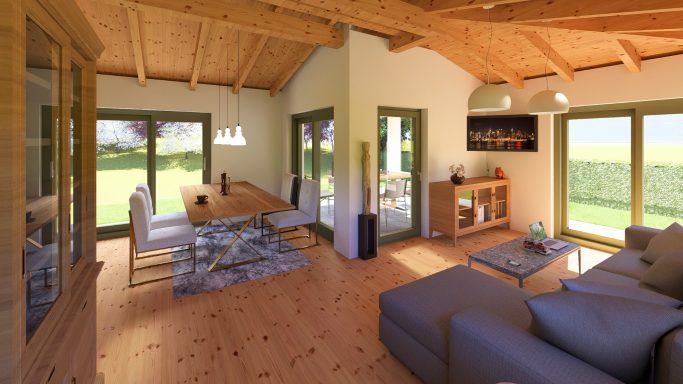 Helles, modernes Wohnzimmer mit Holzdecke, Essecke und Blick ins Grüne.
