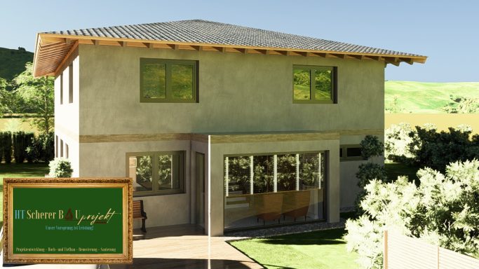 Moderne zweigeschossige Wohnhausansicht mit großer Veranda und Garten.