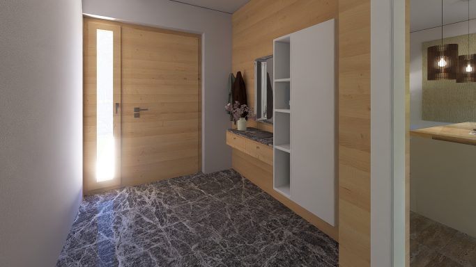 Moderner Flur mit Holzdetails, Eingangstür und Pflanze auf einer Kommode.