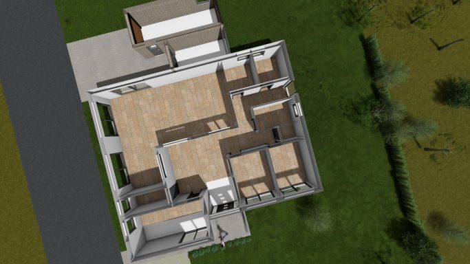 Grundriss eines modernen Hauses mit mehreren Räumen und einem offenen Bereich.