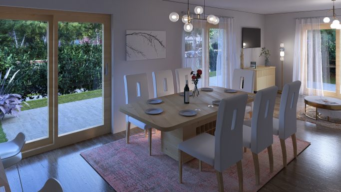 Heller Essbereich mit Tisch, weißen Stühlen und Blick auf einen Garten.