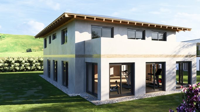 Modernes, zweigeschossiges Haus mit Holzveranda und großen Fenstern in ländlicher Umgebung.