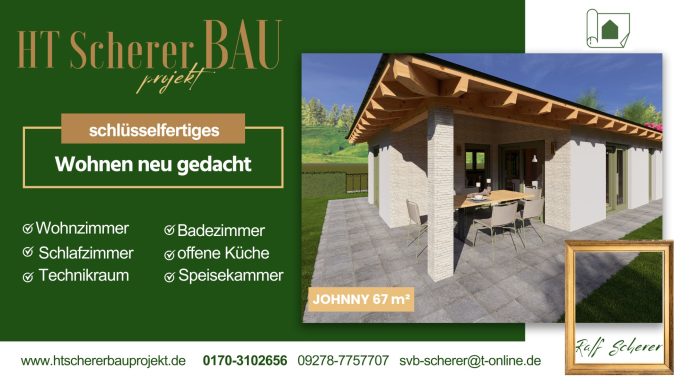 Werbebanner von HT Scherer BAUprojekt: Schlüsselfertiger Bungalow JOHNNY mit 70 m² Wohnfläche mit moderner Holzfassade und Terrasse