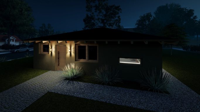 Ein beleuchtetetes, modernes Haus bei Nacht, umgeben von Bäumen und einem gepflasterten Weg.