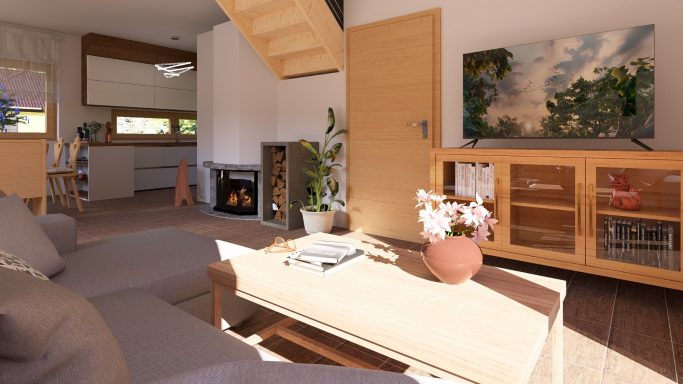 Heller Wohnraum mit Sofa, Tisch, Pflanzen und TV, in einem modernen Ambiente.