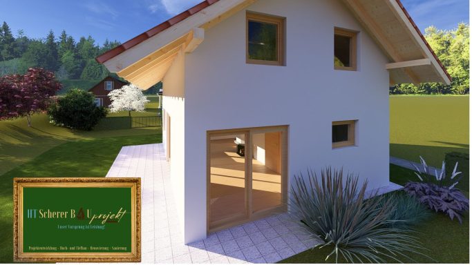 Moderne, lichtdurchflutete Architektur eines Hauses in natürlicher Umgebung. Zweistöckiges Einfamilienhaus Neubau in Holzständerbauweise.