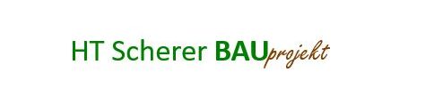 Logo von HT Scherer BAUprojekte, grüner und goldener Schriftzug auf weißem Hintergrund.