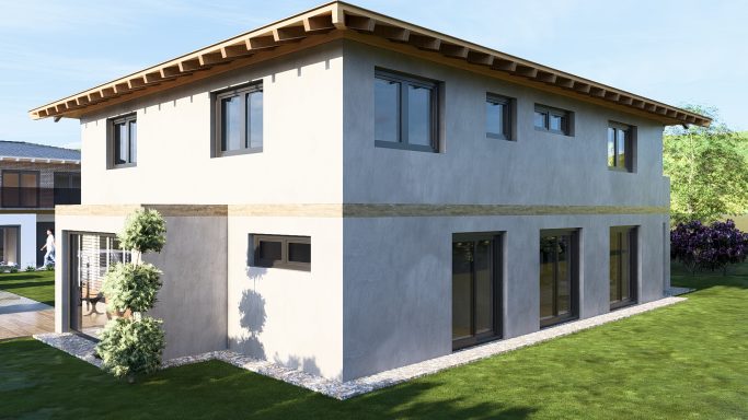Modernes zweigeschossiges Haus mit Garten, großen Fenstern und Holzdetails.