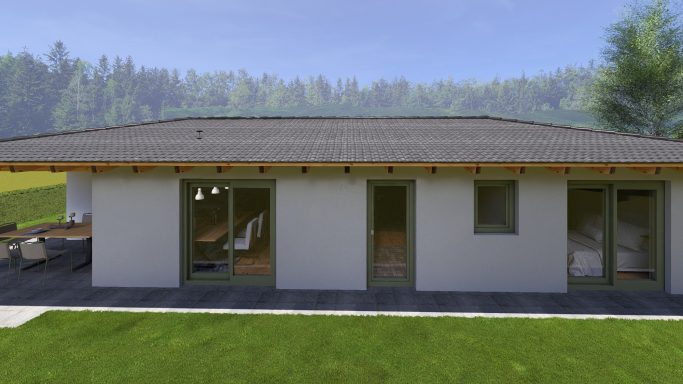 Moderne, einstöckige Wohnhausfassade mit großen Fenstern und Walmdach.