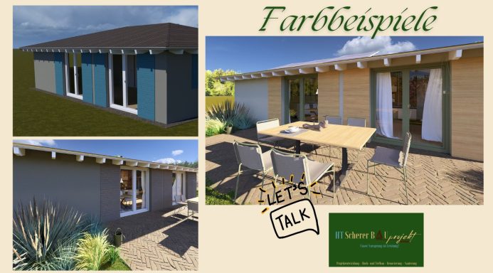 Drei Ansichten eines modernen, hellen Holzhauses mit Terrasse und Gartenmöbeln.