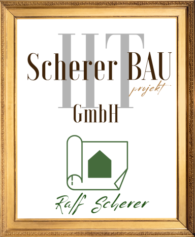 Firmenschild von HT Scherer BAUprojekt mit Logo, Anschrift in Guttenberg und Planersymbol – Bauunternehmen für Projektentwicklung, Hoch- und Tiefbau in Deutschland