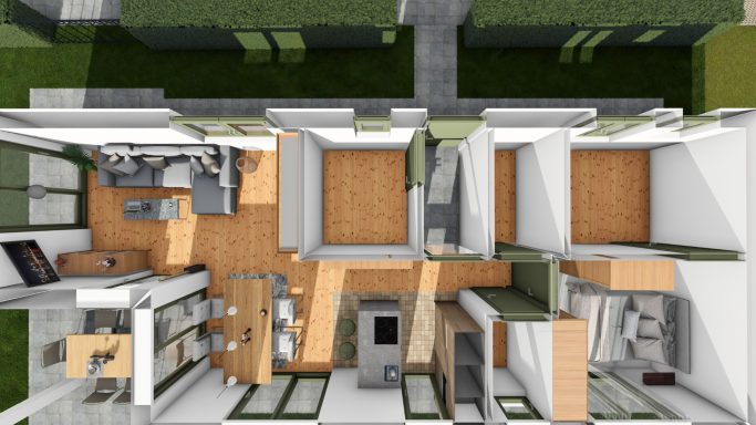 Grundriss eines modernen Hauses mit offenen Räumen und hellen Holzböden.