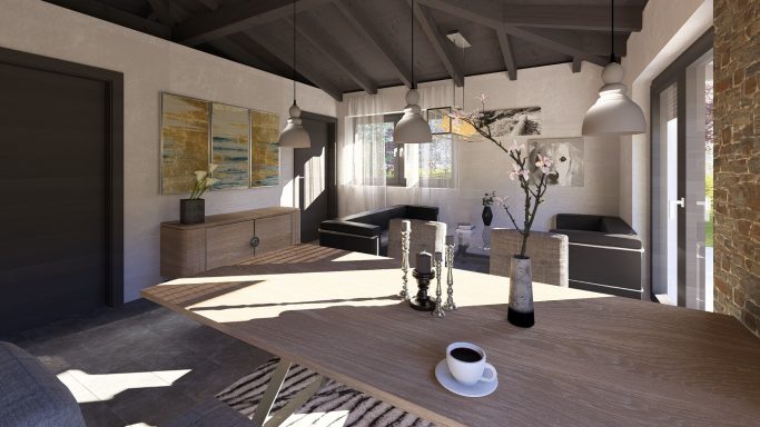 Helle, moderne Küche mit Holzregal, Tisch, Pflanzen und stilvoller Beleuchtung.