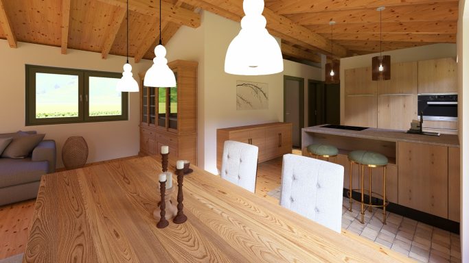 Moderne Küche und gemütlicher Essbereich mit Holzdecke und warmem Licht.