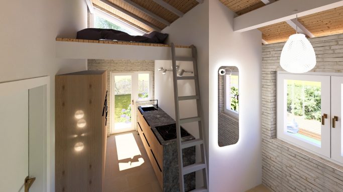 Kleine Wohnküche mit Loftbett, Holzregal und großen Fenstern für viel Tageslicht.