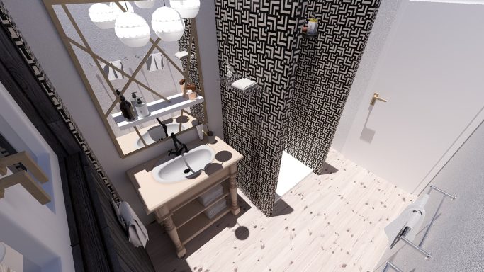 Modernes Badezimmer mit Holzwaschtisch, Spiegel und begehbarer Dusche, helle Fliesen.
